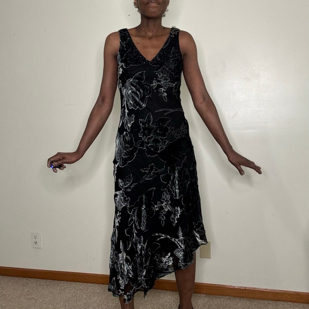 VINTAGE | Whimsigoth Velvet Beaded BurnOut Bias Cut Asymmetric Slip Dress